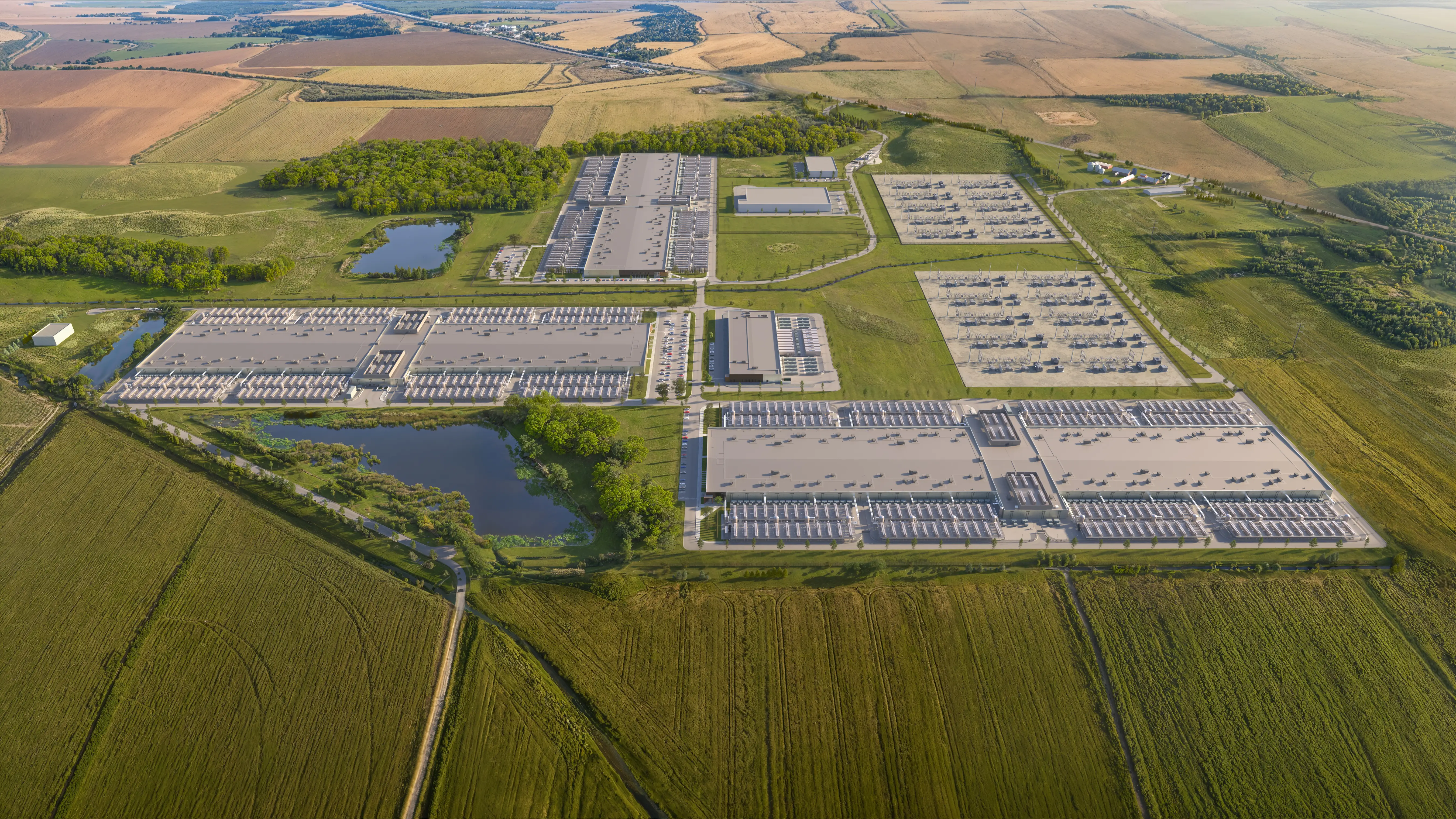 A digital rendering of a huge data center campus planned for rural Michigan