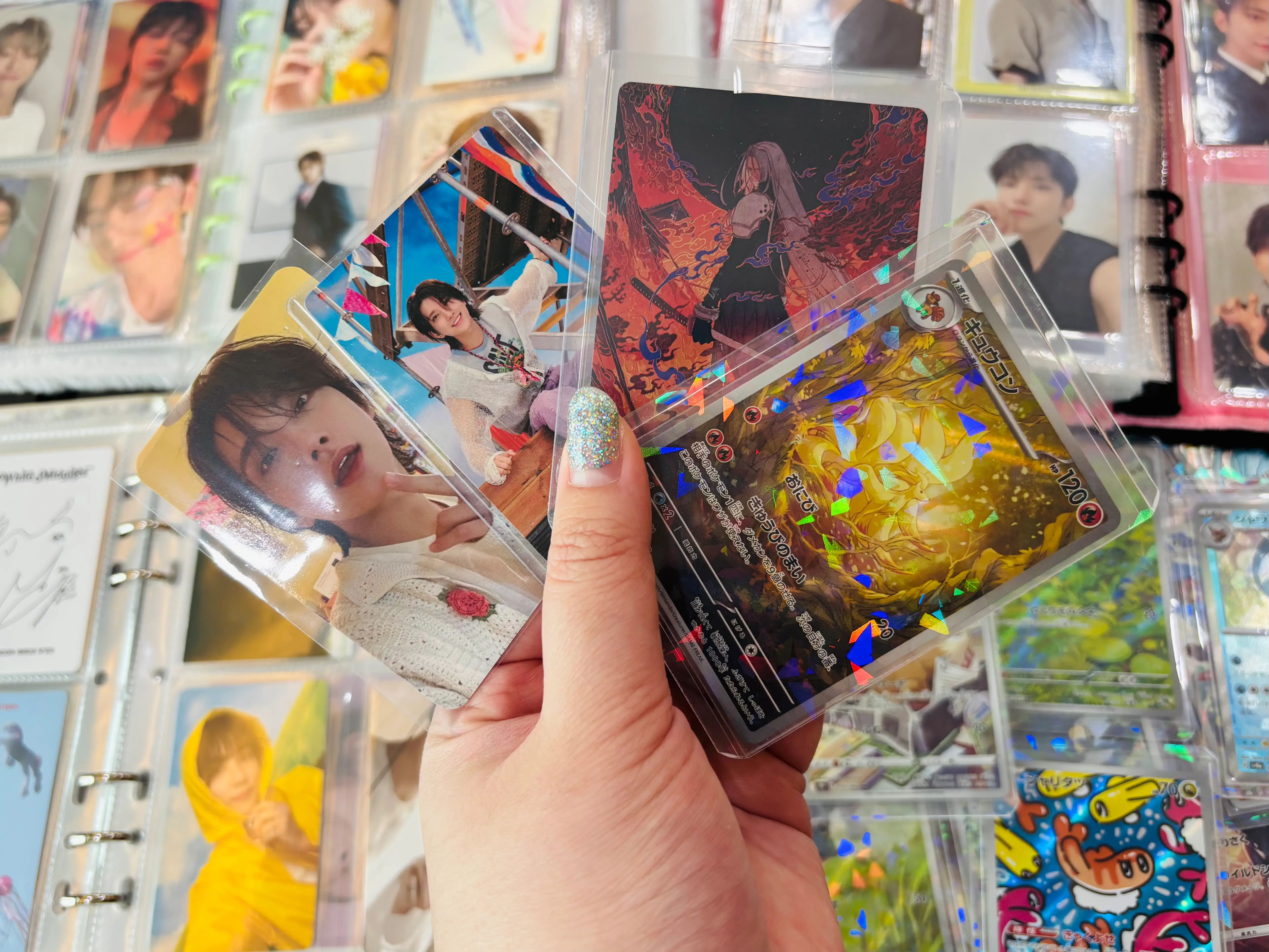 A close-up of my K-pop, Pokemon, and Magic! The Gathering cards