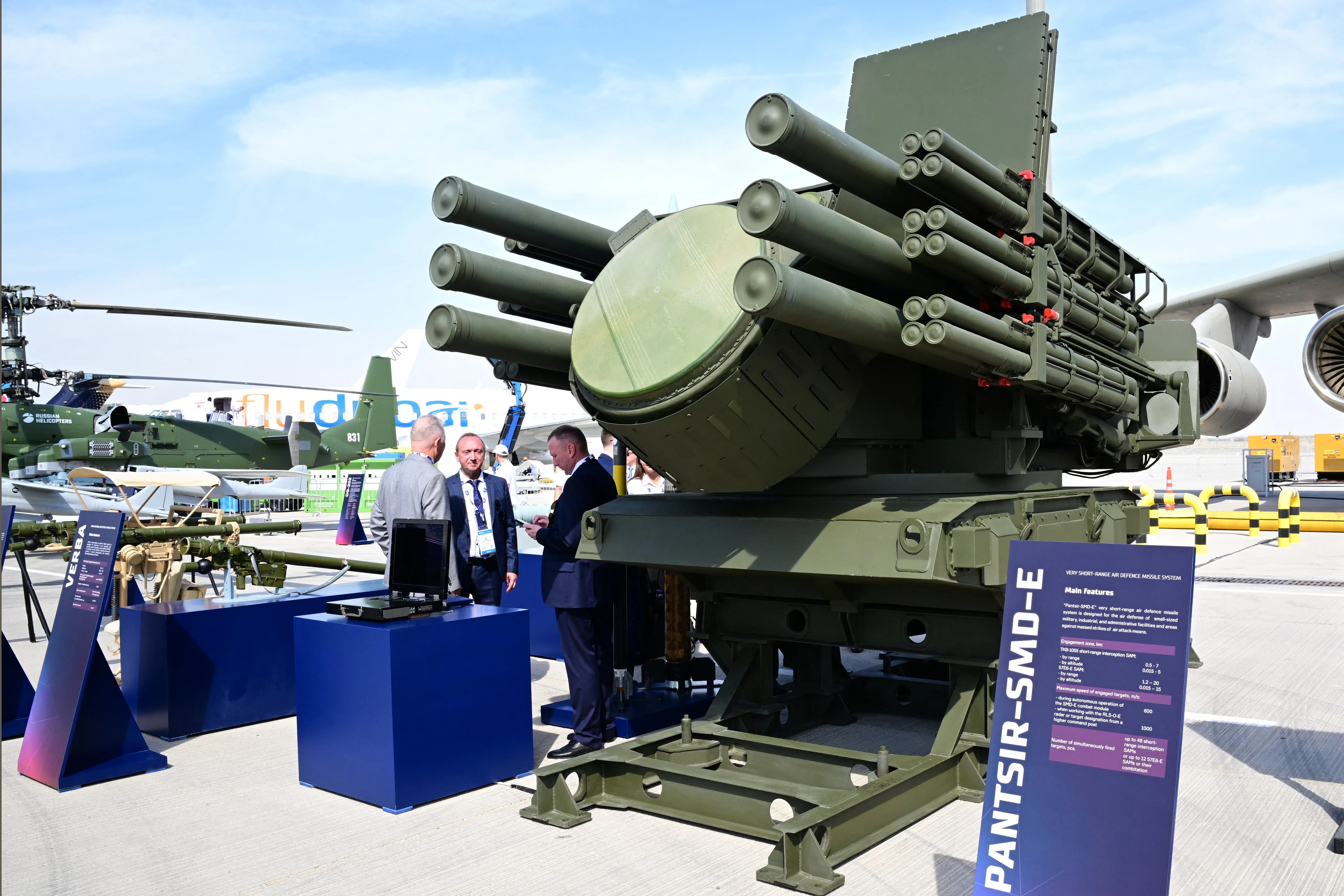 A Russian Pantsir-SMD-E air defense missile system is on display at Al-Maktoum International Airport during the Dubai Airshow 2025 in Dubai.