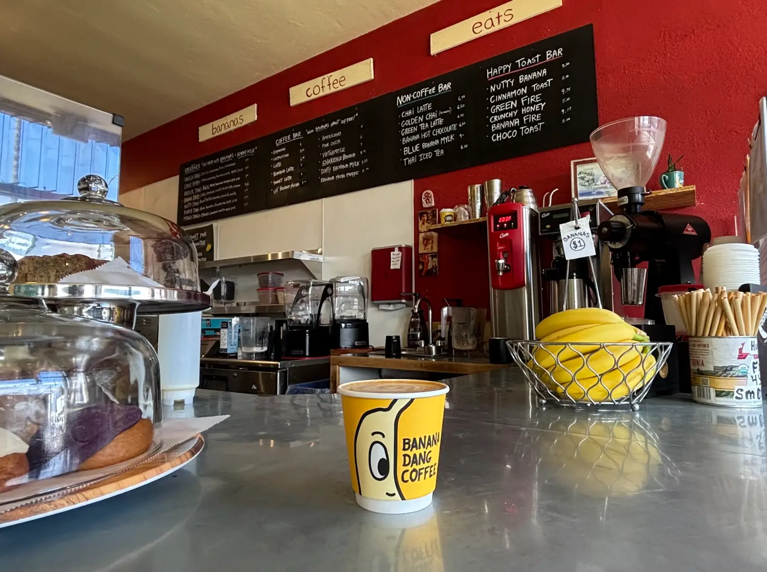 A banana latte on the counter at the Banana Dang coffee shop in Oceanside, California.