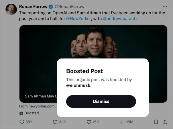 Screenshot of a Ronan Farrow X post linking to the New Yorker profile of Sam Altman.