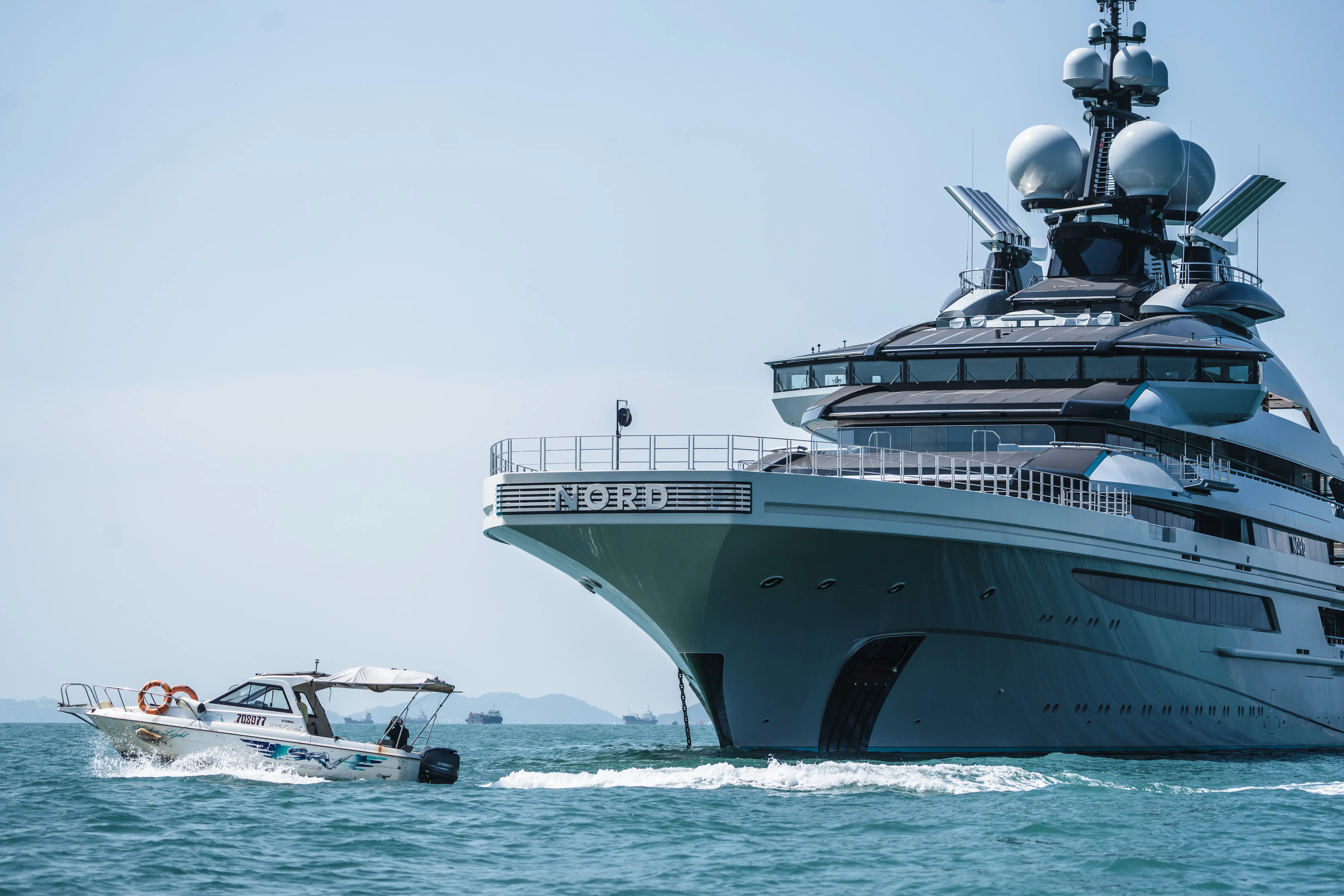 The multi-deck superyacht Nord sails through Hong Kong waters.