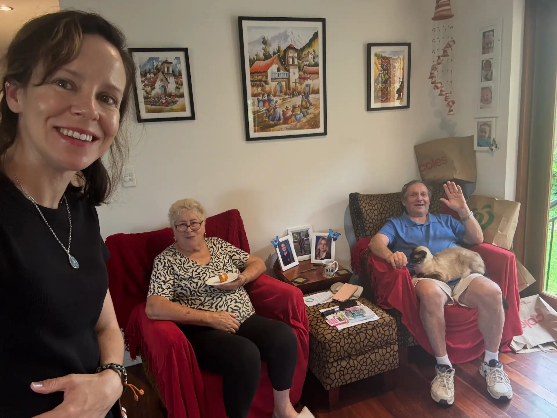 The author with her parents in their home.