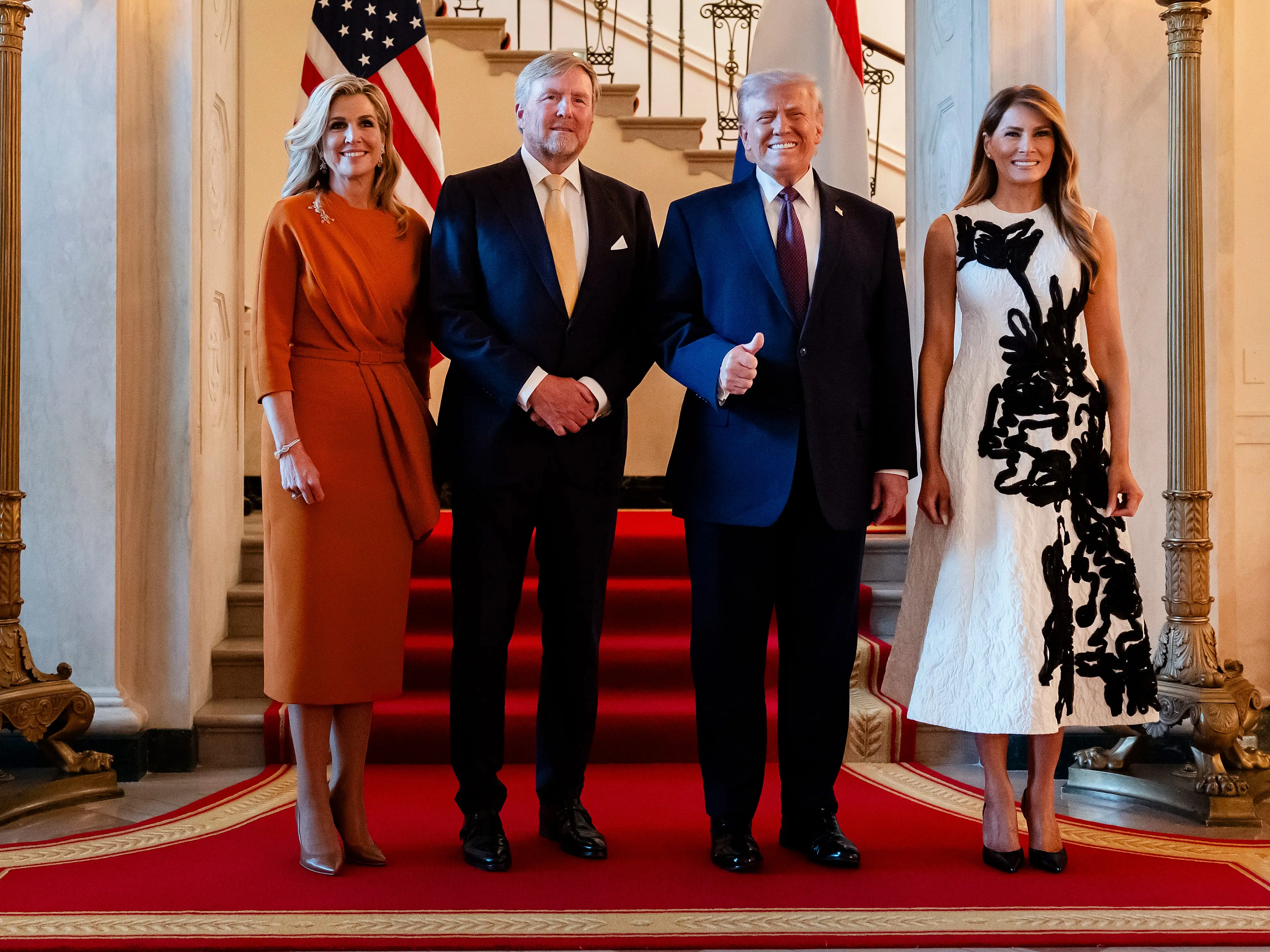 Queen Maxima of the Netherlands, King Willem-Alexander of the Netherlands, Donald Trump, and Melania Trump at the White House for a dinner in April 2026.