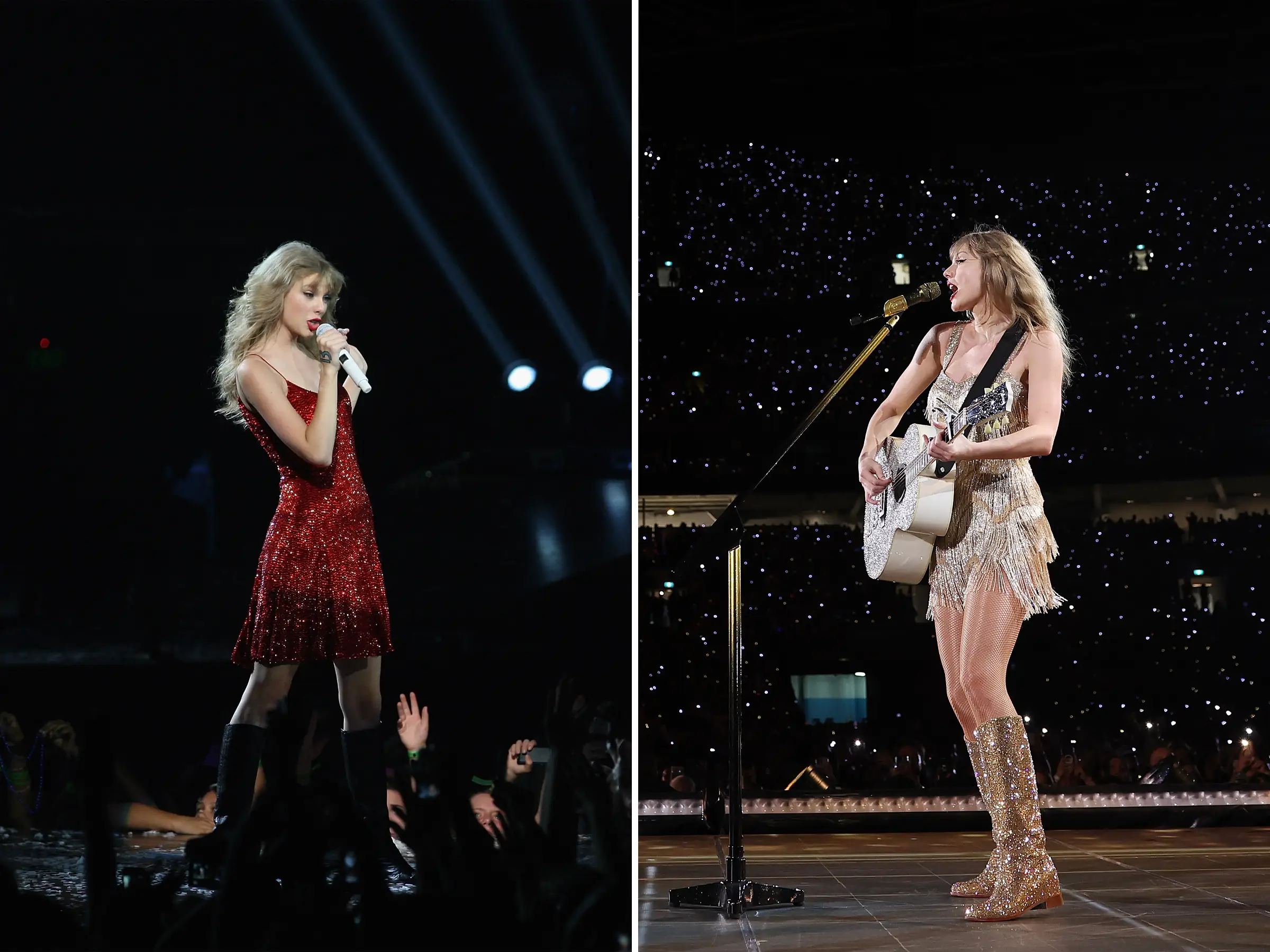 Taylor Swift performs on the Speak Now World Tour in 2012, left, and the Eras Tour in 2024.