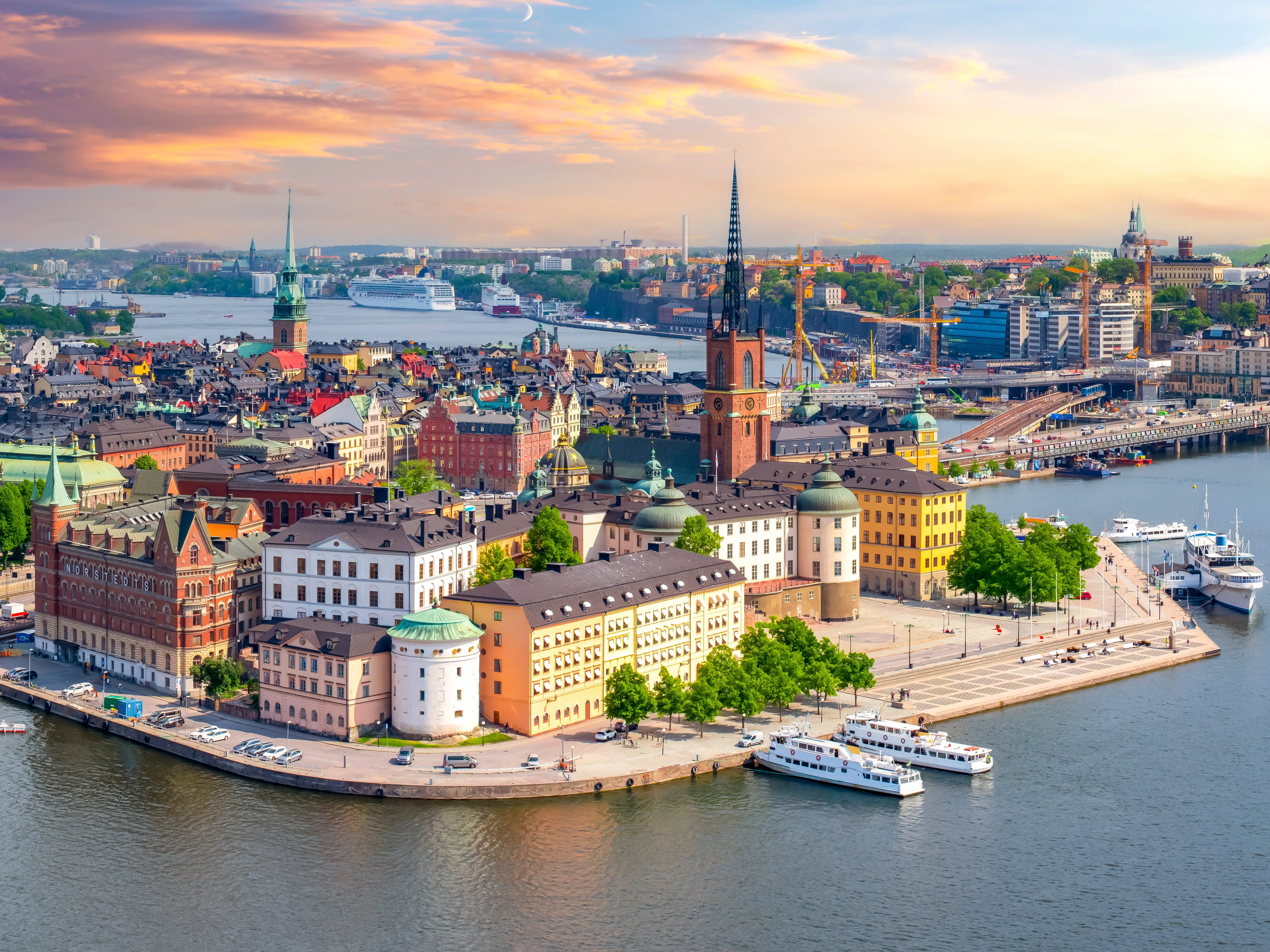 Buildings with boats on the water in Stockholm, Sweden.