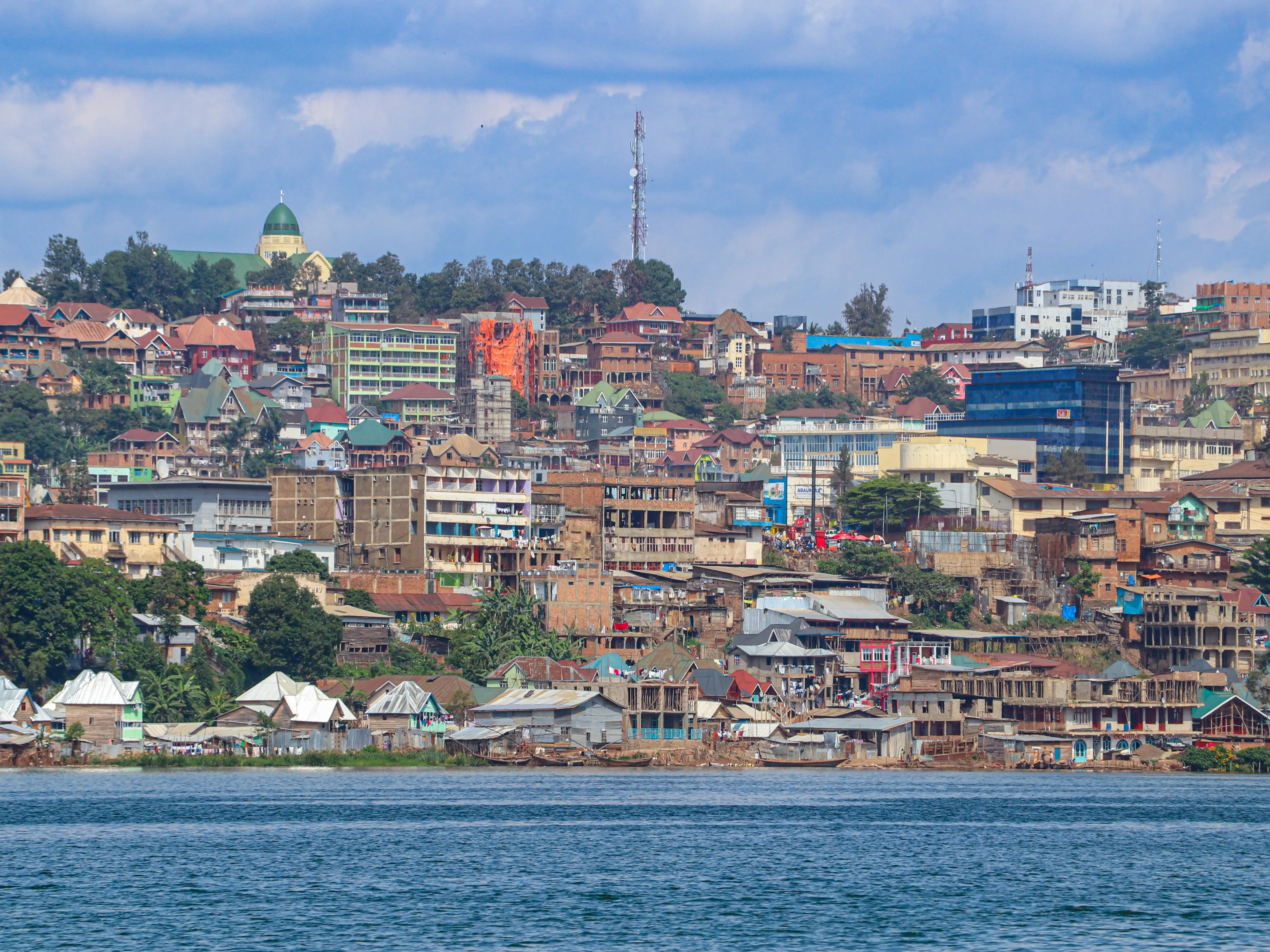 Water in front of buildings in Bukavu, Democratic Republic of the Congo.