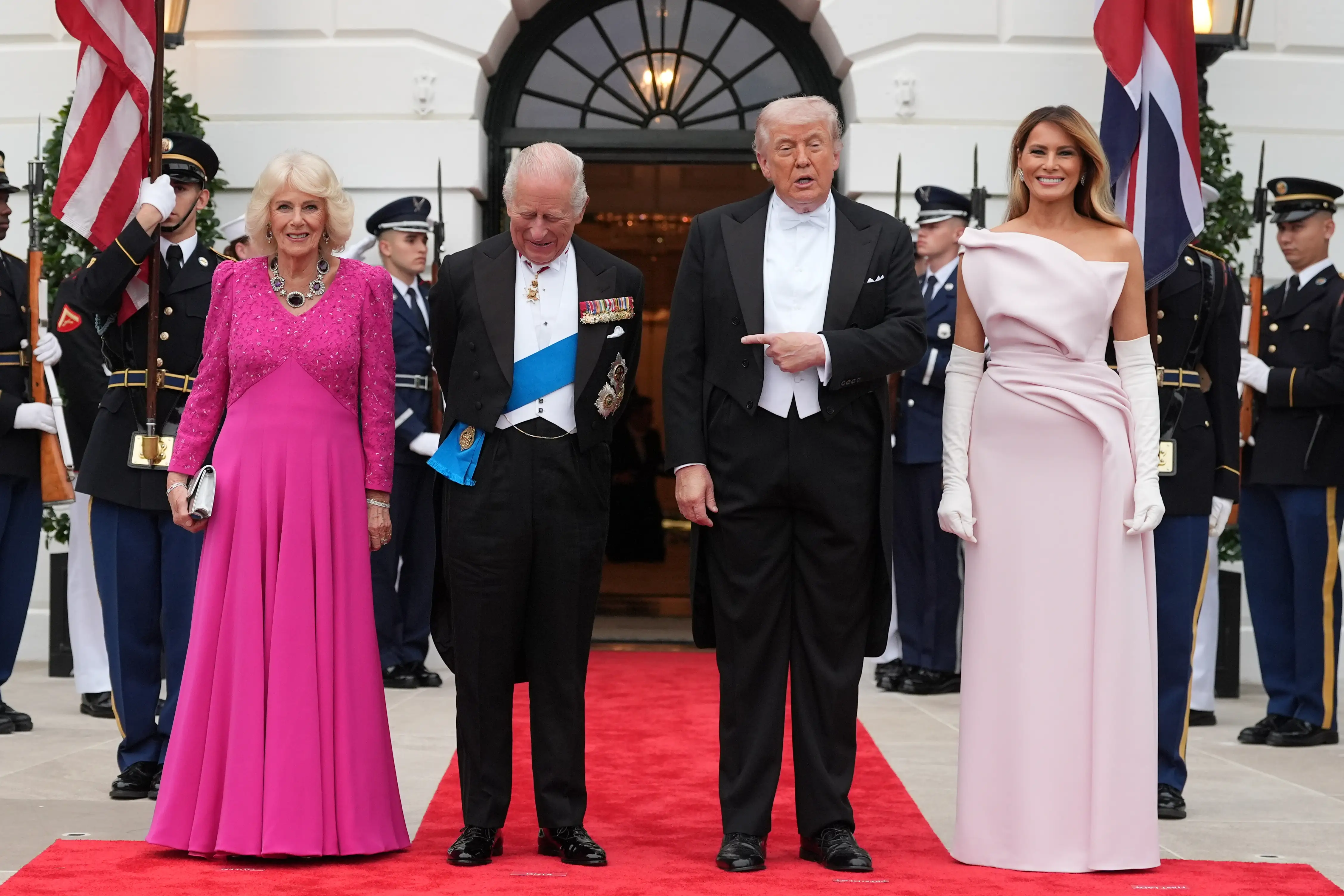 Queen Camilla, King Charles, Donald Trump, and Melania Trump at the White House state dinner.
