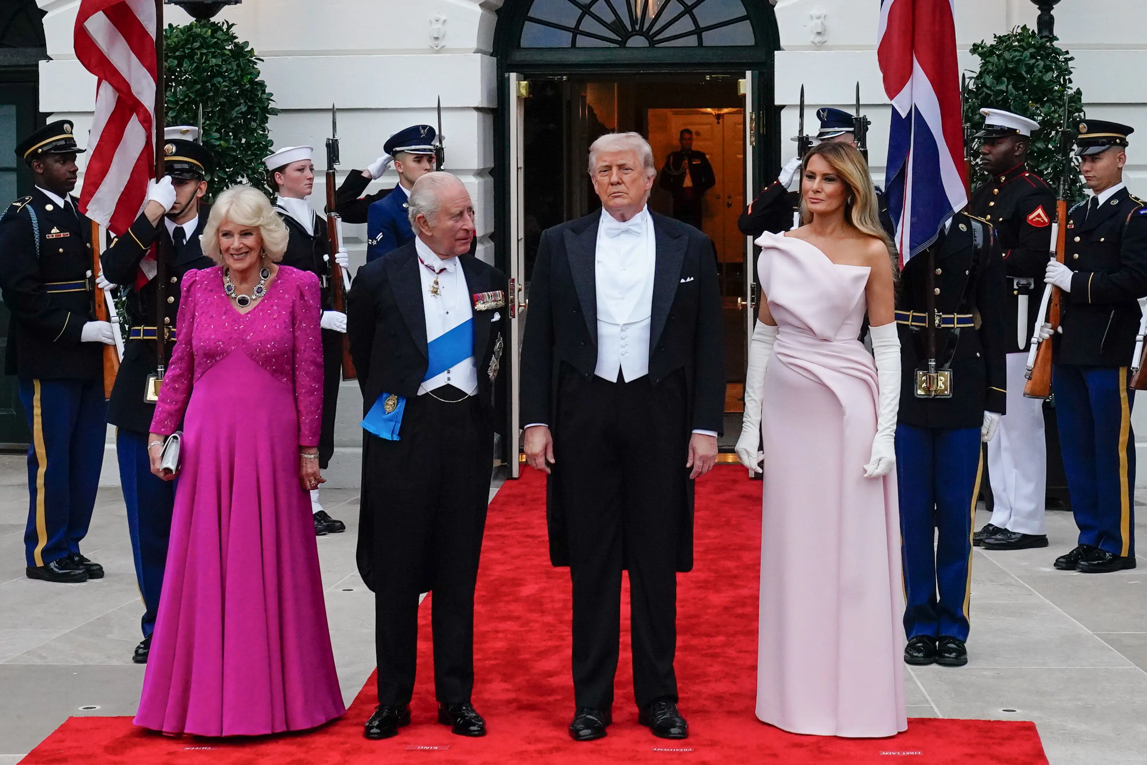 Queen Camilla, King Charles, Donald Trump, and Melania Trump in front of the White House in April 2026.