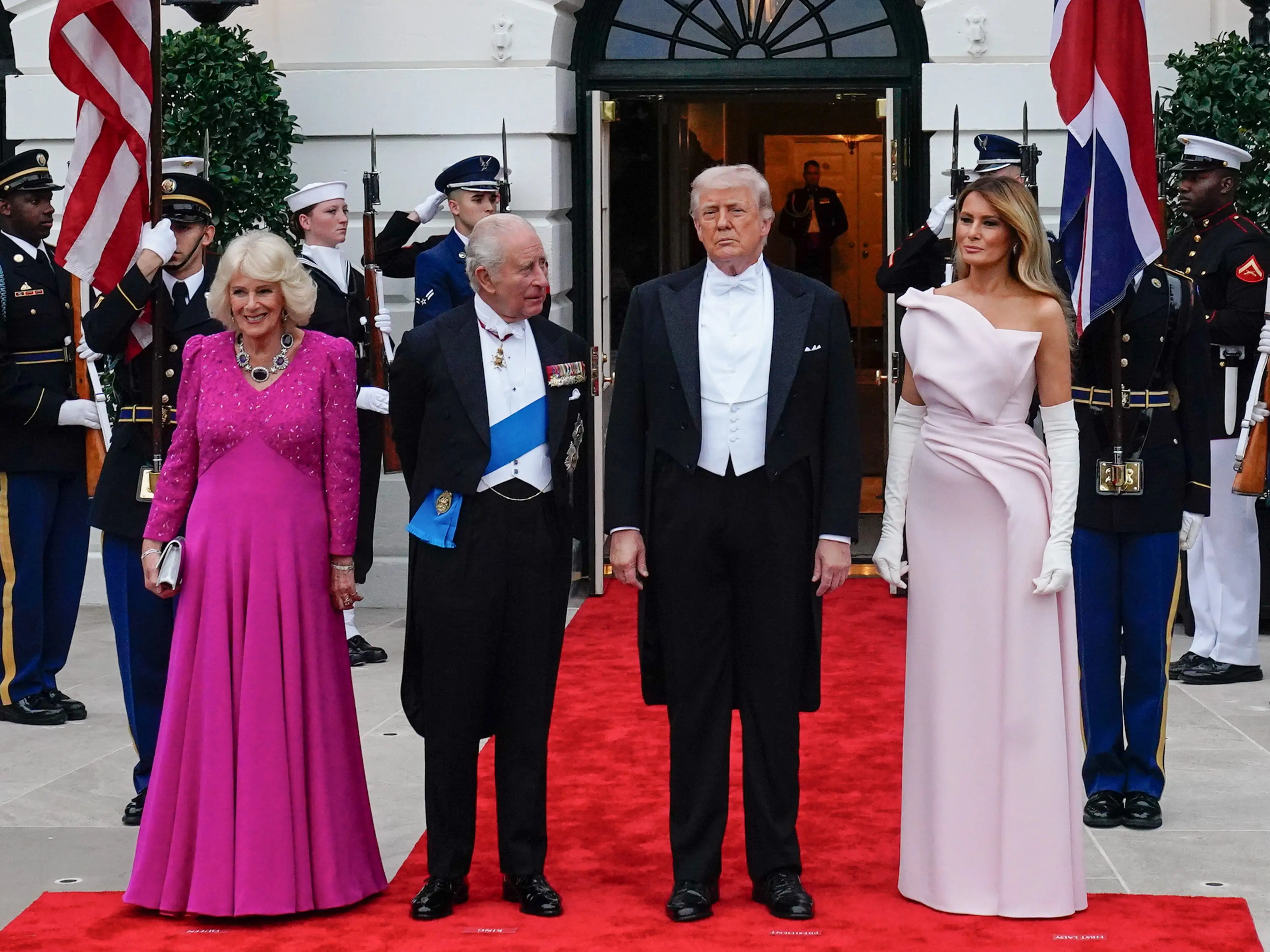 Queen Camilla, King Charles, Donald Trump, and Melania Trump in front of the White House in April 2026.