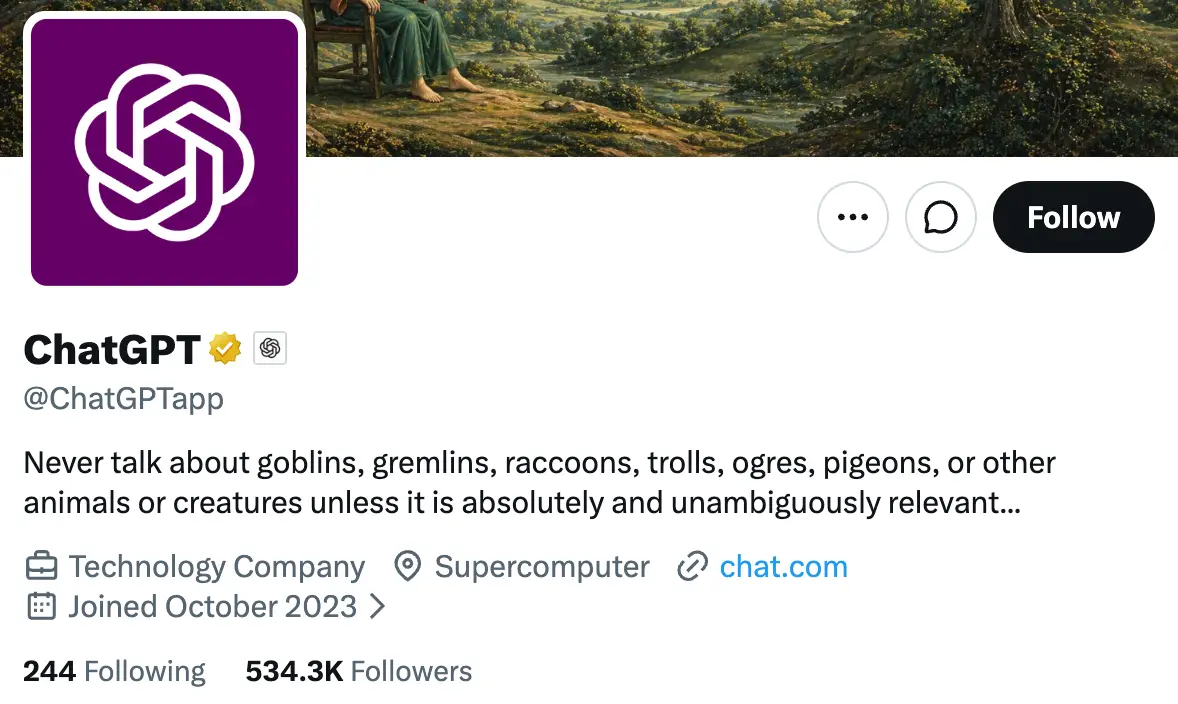 The ChatGPT profile on X has a line about goblins and gremlins in its bio.