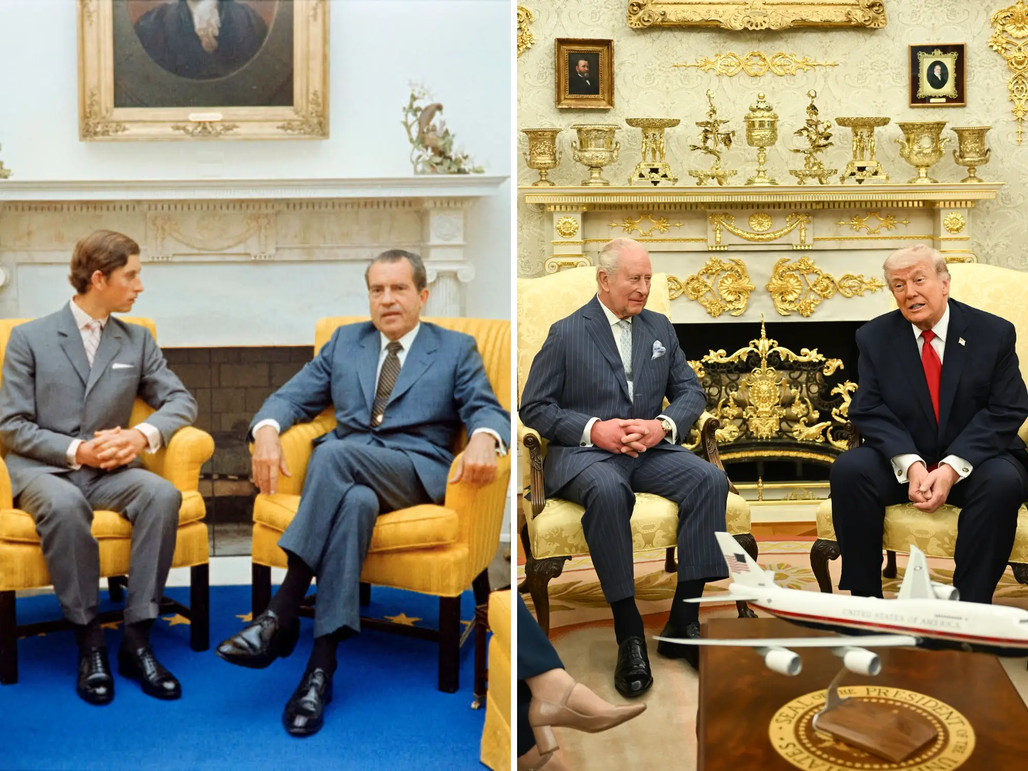 A split image showing King Charles in the Oval Office with Richard Nixon and Donald Trump.