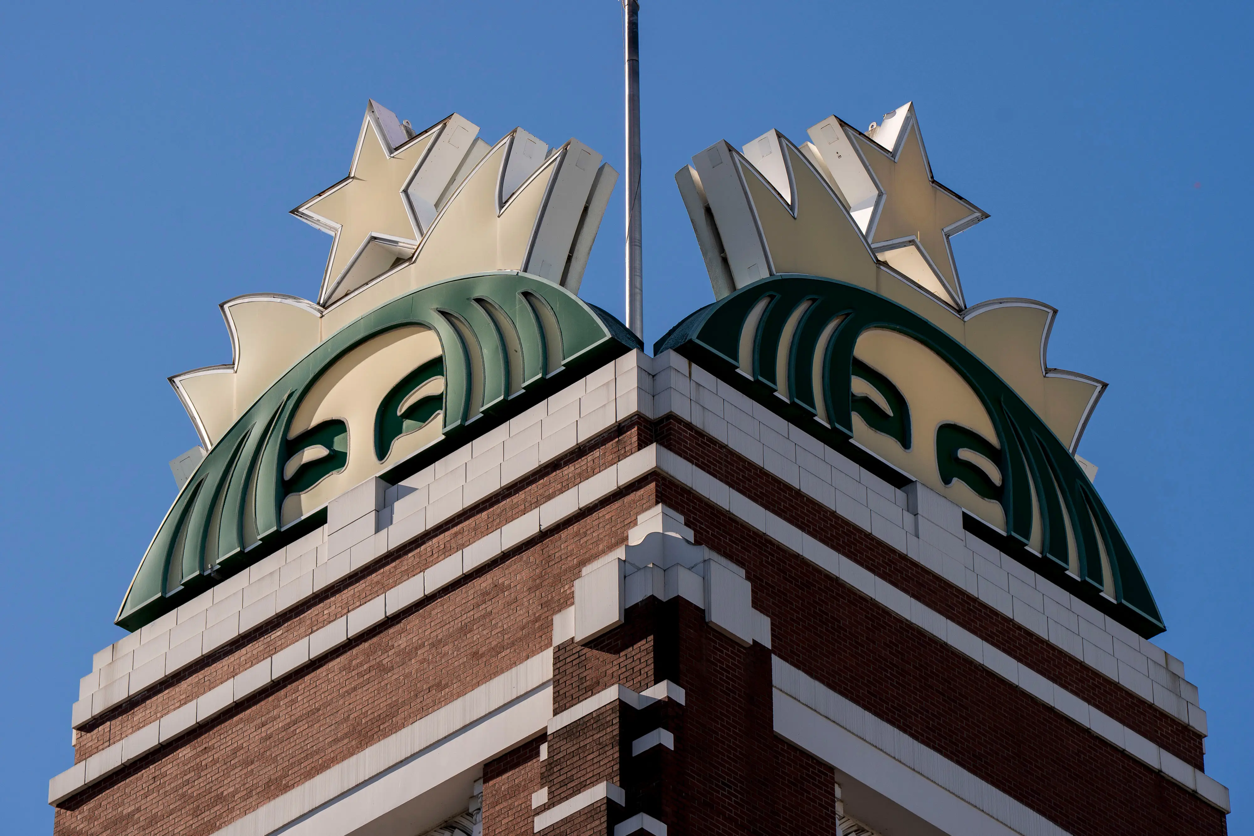 A close-up of the siren atop Starbucks' Seattle headquarters.