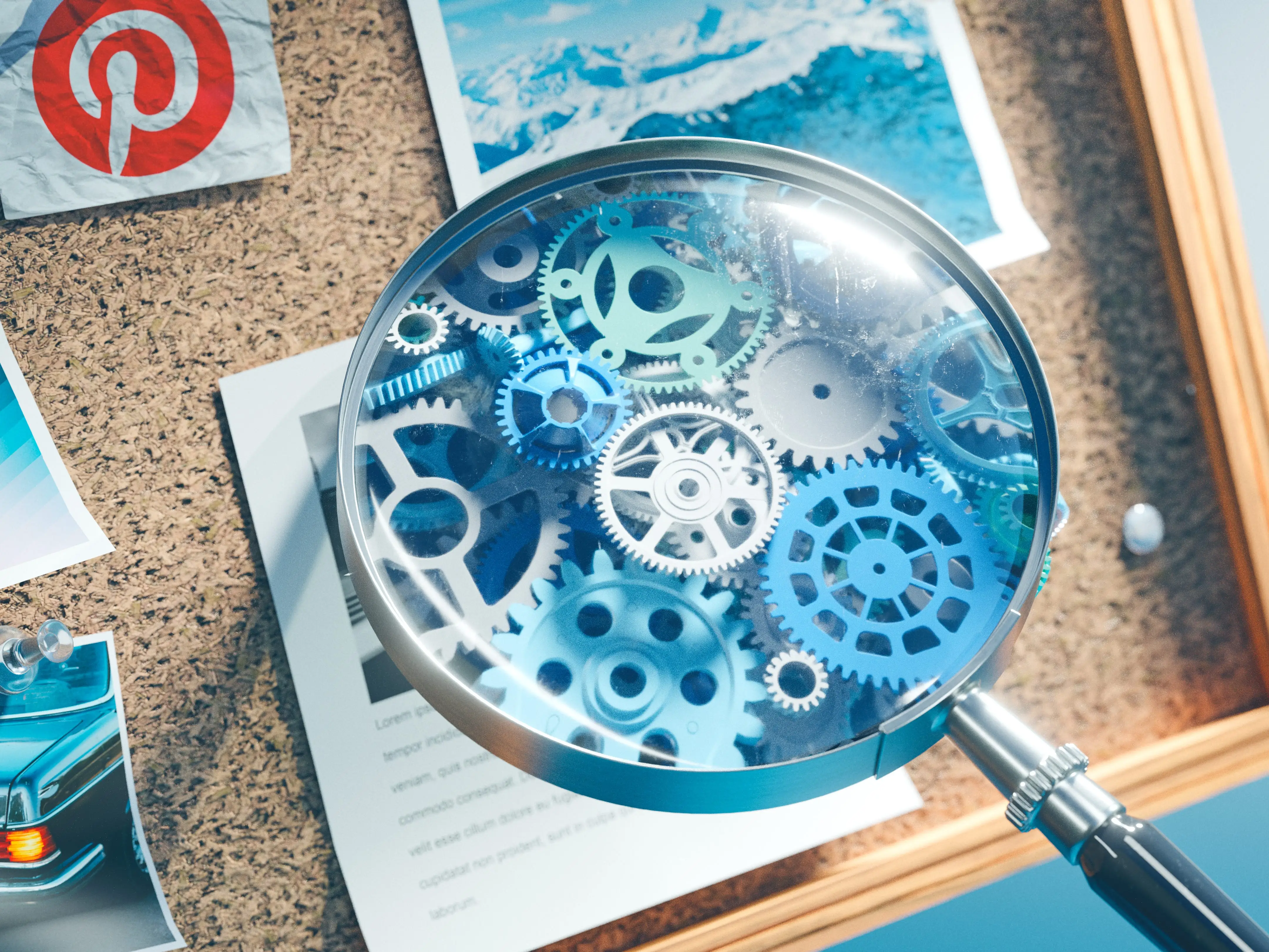 Bulletin board with Pinterest logo and a magnifying glass focused on interlocking gears and abstract shapes.
