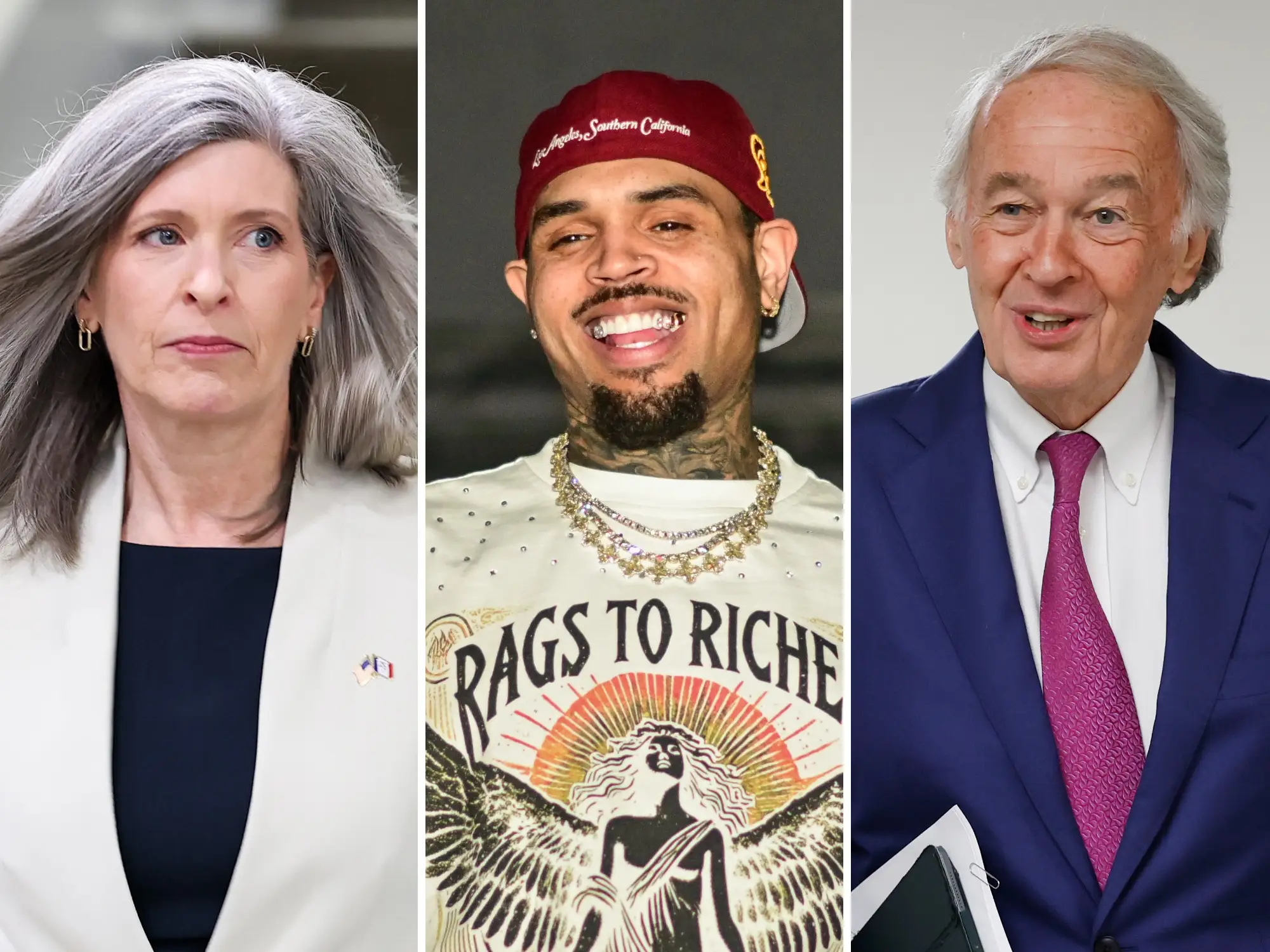 A tryptich depicting Senator Joni Ernst, in a white jacket, singer Chris Brown, in a white shirt and red cap, and Senator Ed Markey, in a blue suit with a magenta tie