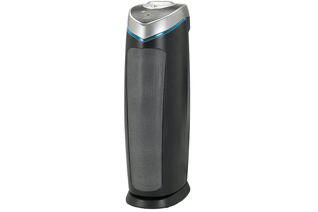 A tall gray air purifier
