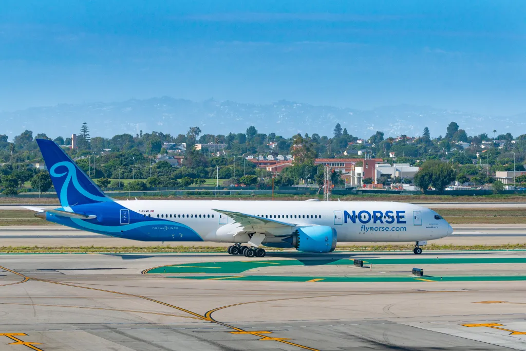 A Norse Atlantic Airways Boeing 787-9 Dreamliner prepares for takeoff at Los Angeles International Airport.