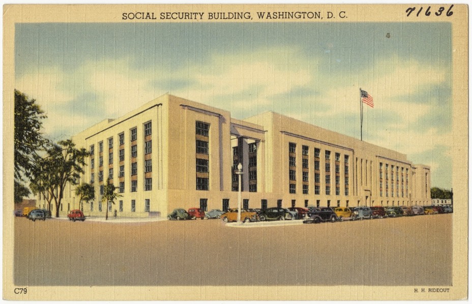 image of color postcard labeled Social Security Building, Washington D.C. showing a long building with flagpole on top and row of cars parked outside