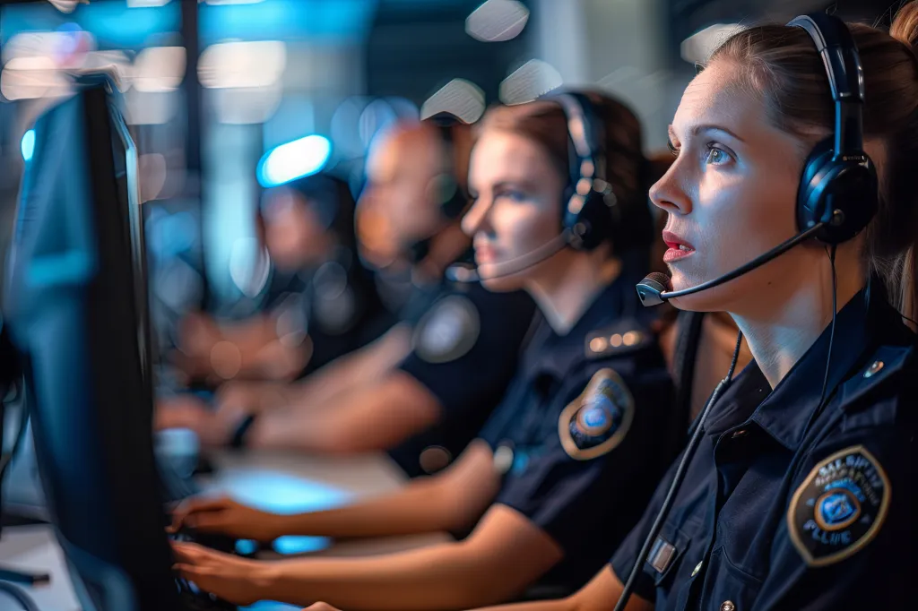 Police officers in a 911 emergency response call center.