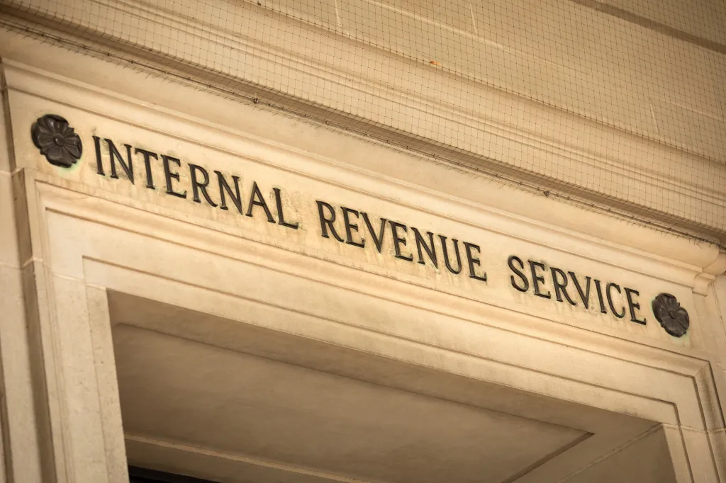 Signage for the IRS tax building in Washington D.C.