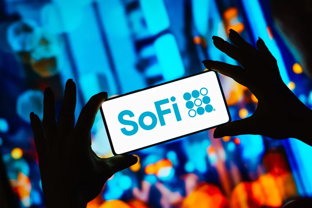 SoFi Technologies logo displayed on a smartphone screen.