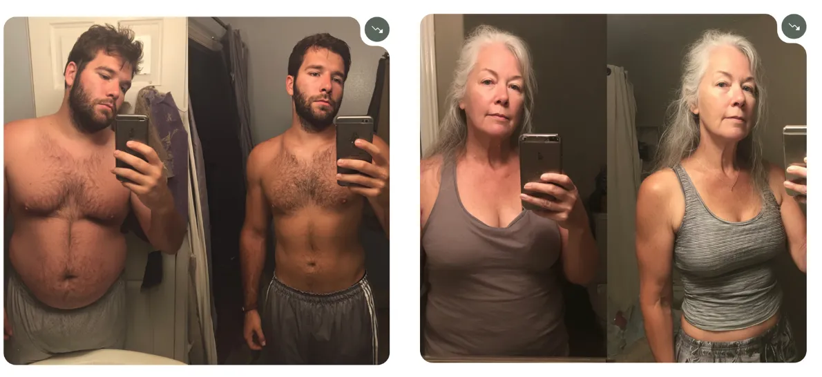 Before-and-after weight loss transformation images of people who do not appear to be real