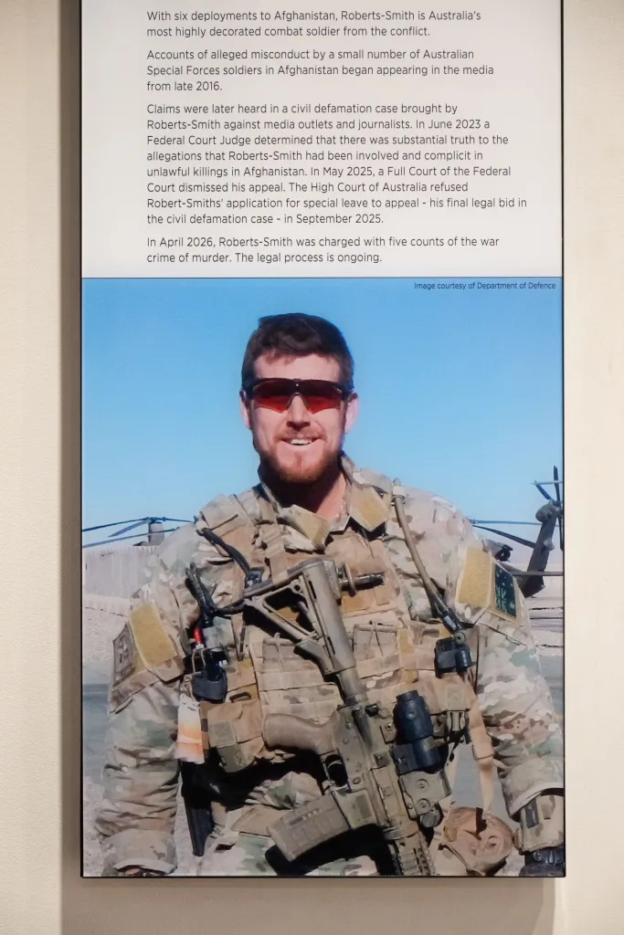 A display of Ben Roberts-Smith at the Australian War Memorial on April 16, 2026.