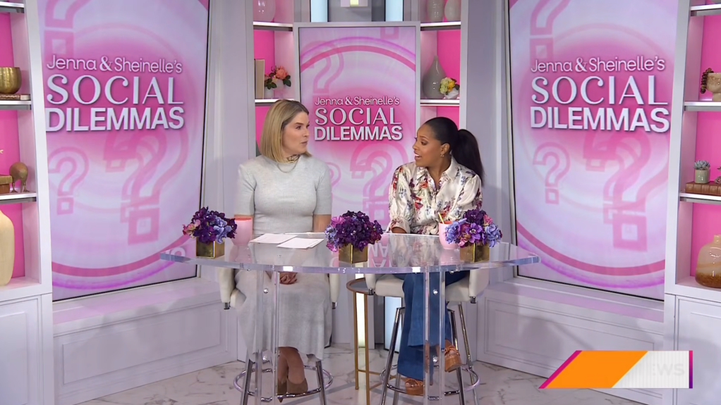 Jenna Bush and Sheinelle Jones discussing social dilemmas on a TV set.