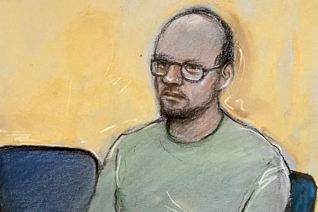 Illustration of Jamie Varley in court, wearing glasses and a light green shirt.