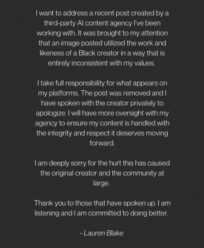 An apology from Lauren Blake for an AI-generated image that misused a Black creator's work.