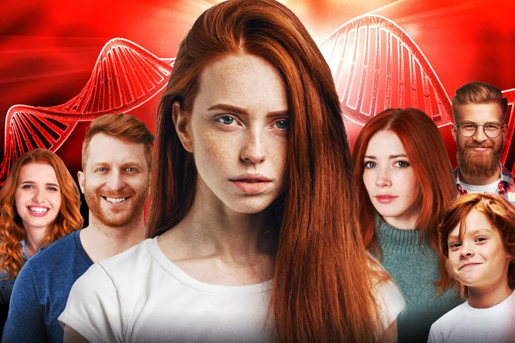 Collage of six redheads of varying ages and genders against a red background with a DNA helix pattern.