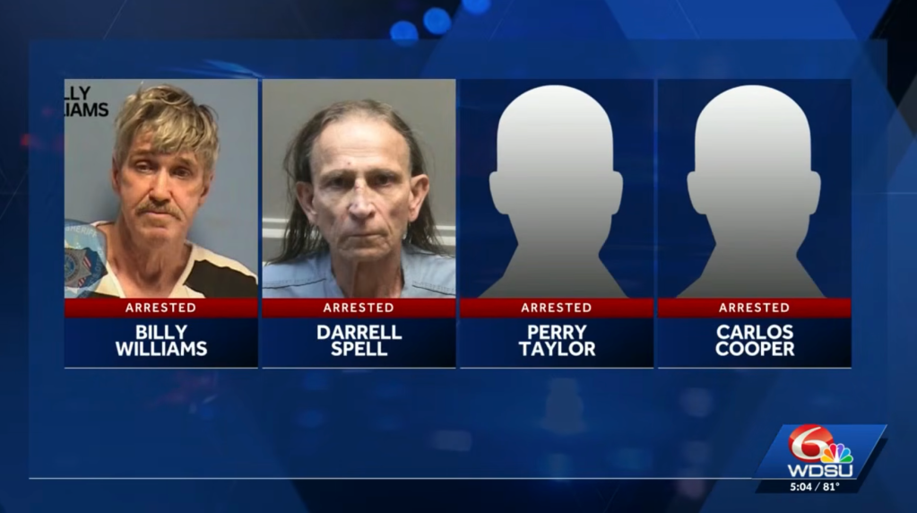 Mugshots of Billy Williams and Darrell Spell, and silhouettes for Perry Taylor and Carlos Cooper, all listed as arrested.