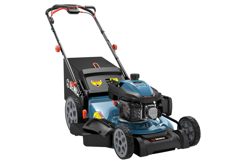 A teal and black Senix gas-powered lawnmower.