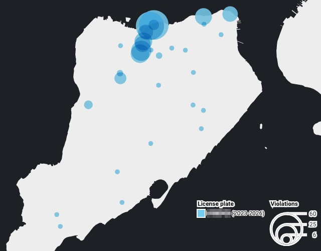 Map showing violations from 2023-2026, with a legend indicating the size of circles corresponds to the number of violations (6, 25, 60).