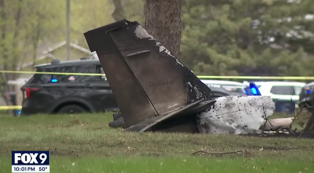 The charred tail fin of the plane after the crash in Minneapolis.