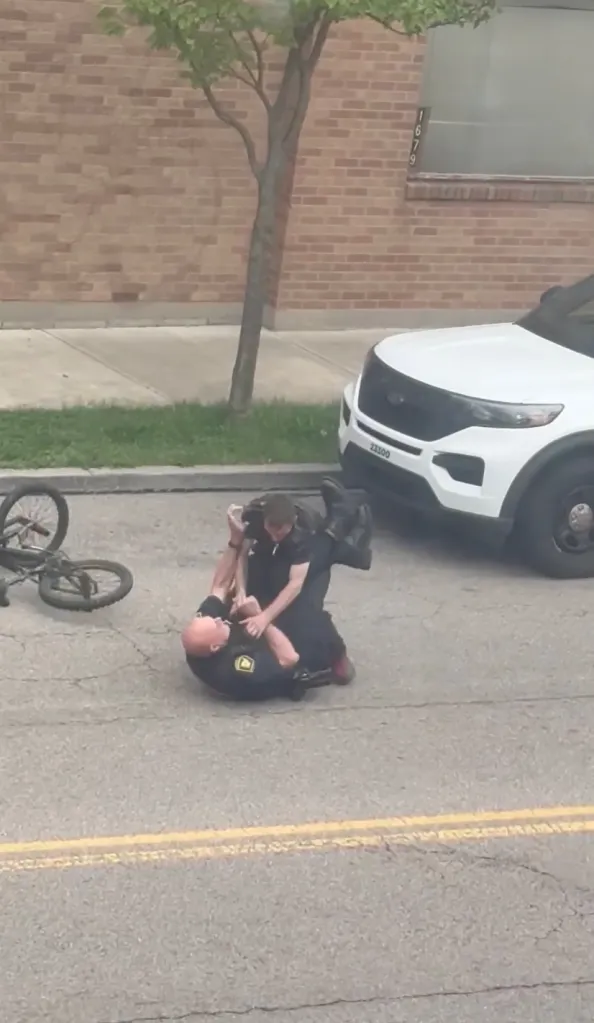 Two police officers wrestling on the ground with a bicycle and patrol car nearby.