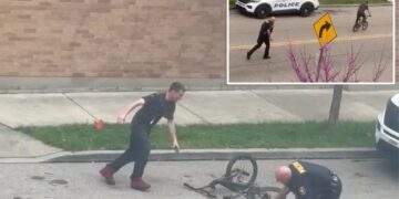 Winded cop struggles to chase down bike-riding rebel in viral ‘cat-and-mouse’ scuffle