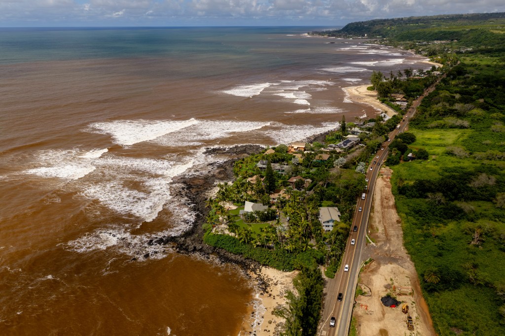 Laniakea beach is flooded after storms in Haleiwa, Hawaii, on March 22m 2026.