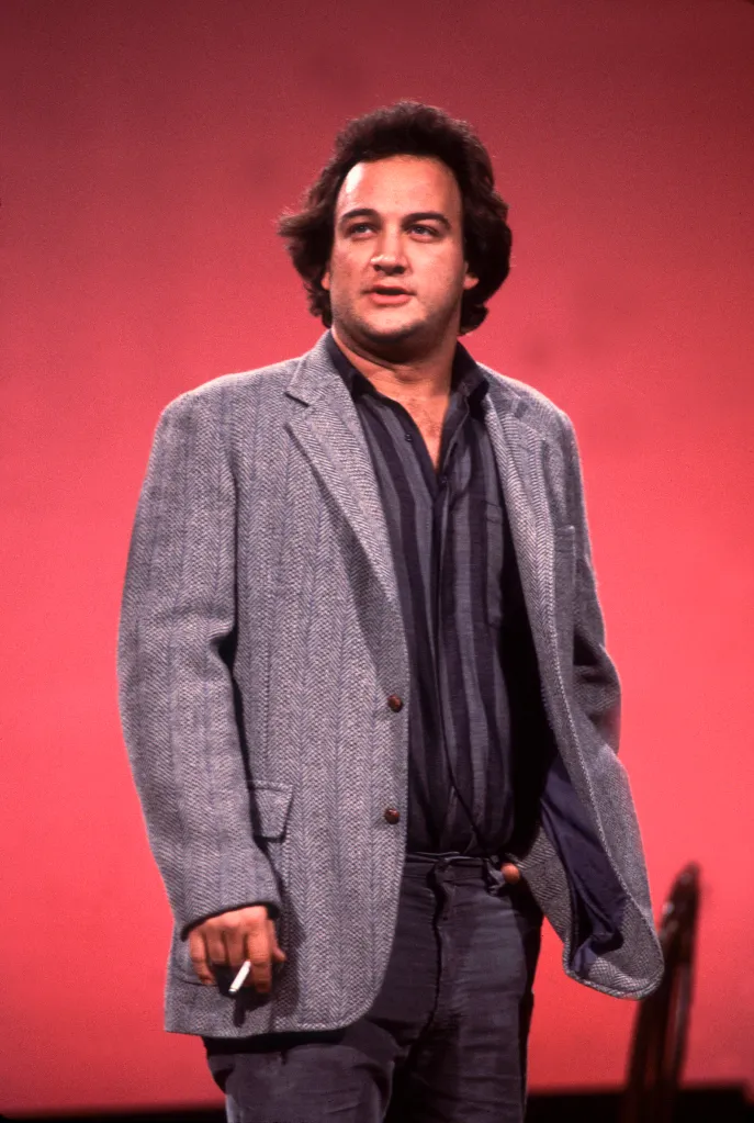 Comedian Jim Belushi performs onstage, holding a cigarette.