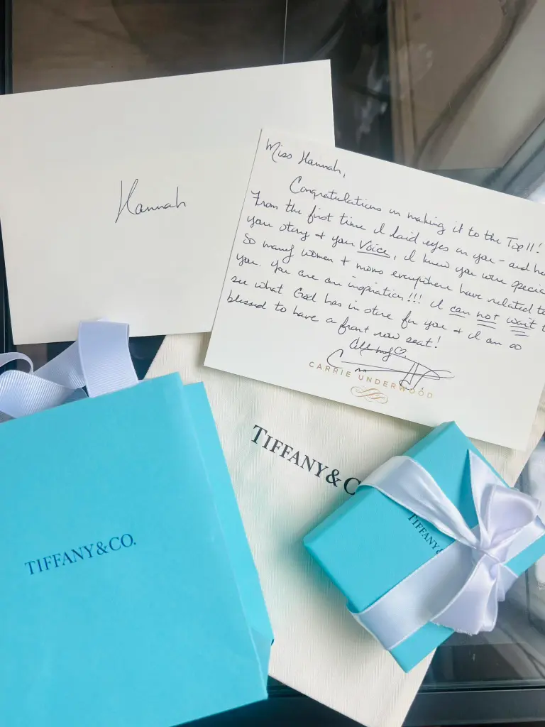 A handwritten note from Carrie Underwood to Hannah Harper, accompanied by Tiffany & Co. packaging.
