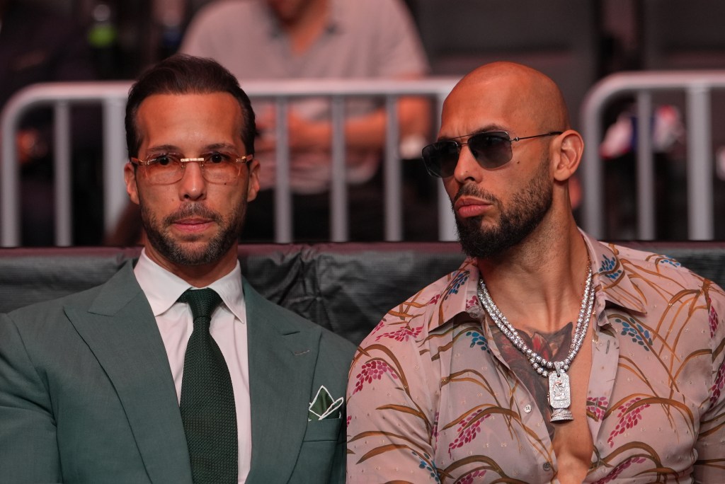 Andrew Tate, right, and his brother Tristan attend UFC 327.