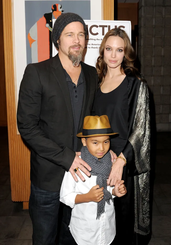 Brad Pitt, Angelina Jolie, and their son Maddox attending a movie premiere.