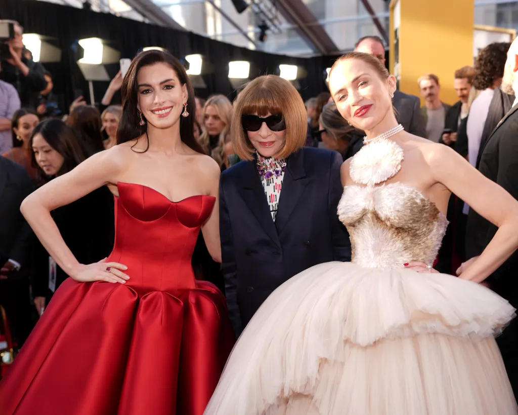Anne Hathaway, Anna Wintour and Emily Blunt pose at The Devil Wears Prada 2 world premiere.