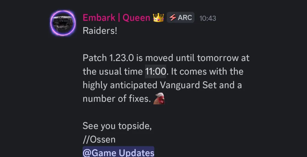 Arc Raiders Update 1.23.0 Delayed