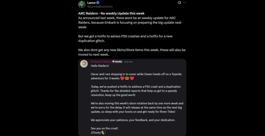 Arc Raiders Delayed Announcement