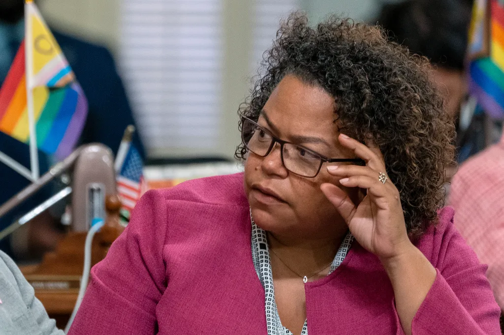 Assembly member Mia Bonta, in a pink jacket, looking right with small flags, including a Pride flag, behind her.