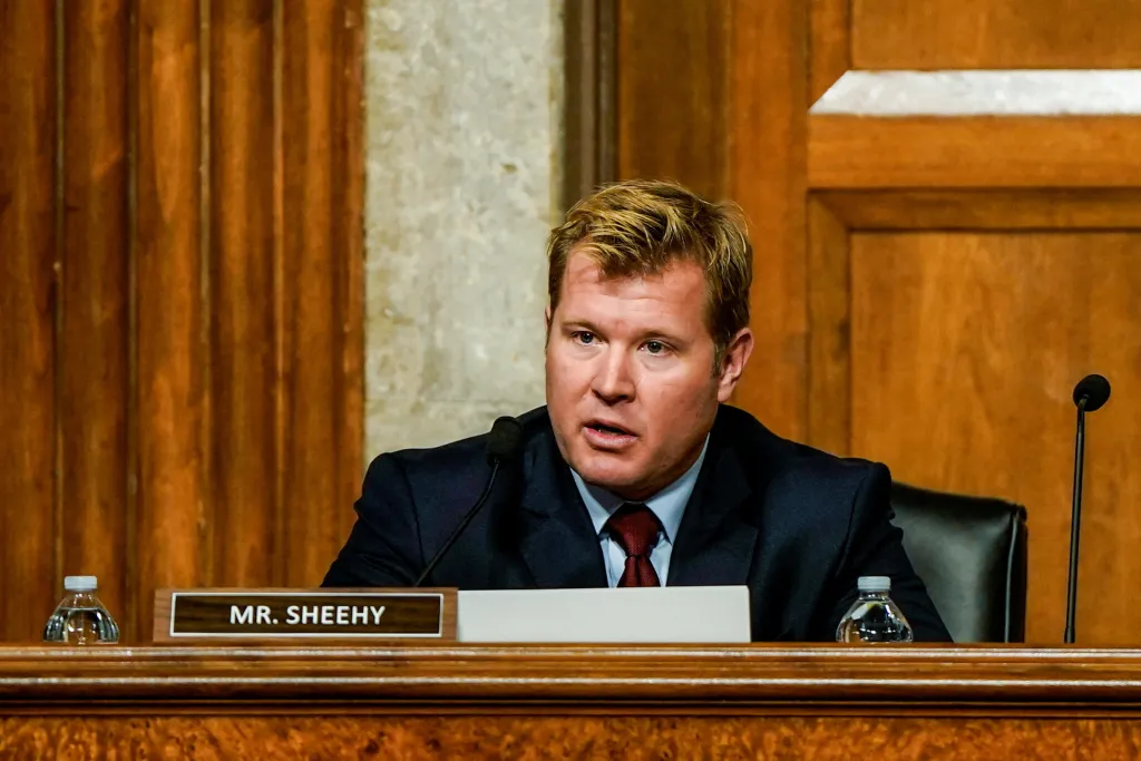 Sen. Tim Sheehy during a Senate Armed Services Committee hearing on March 12, 2026.