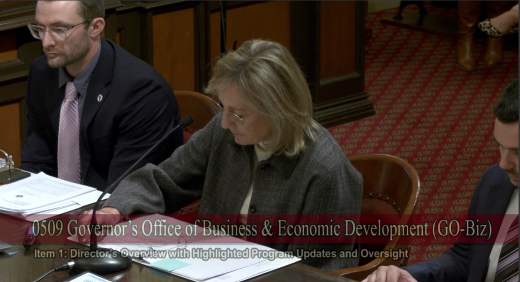 Dee Dee Myers at a budget hearing for the Governor's Office of Business & Economic Development (GO-Biz).