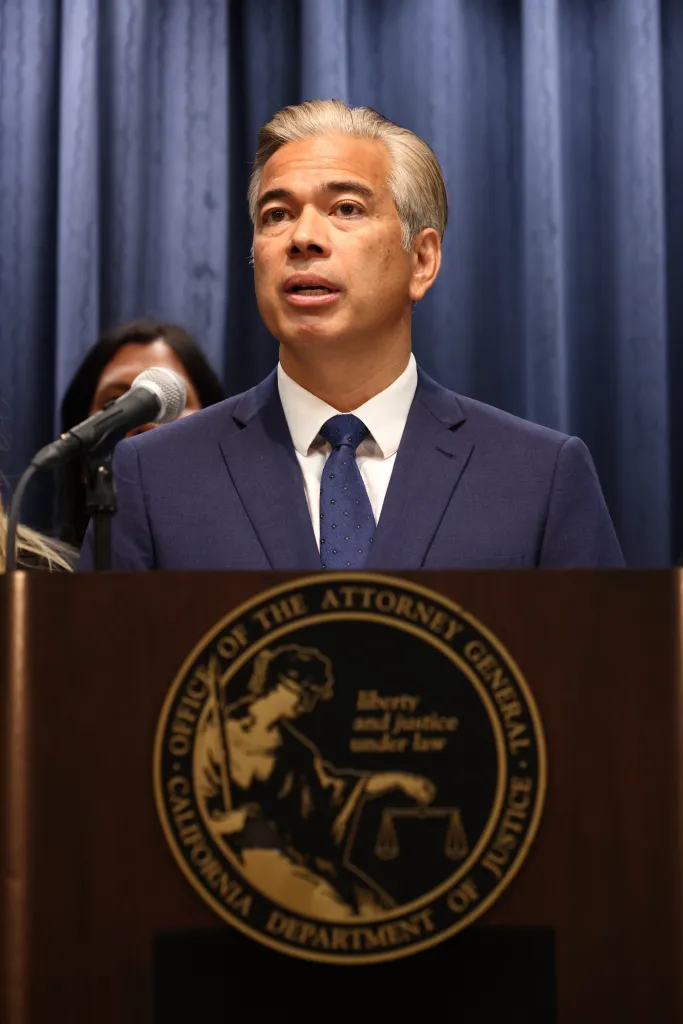 California Attorney General Rob Bonta speaking at a press conference.