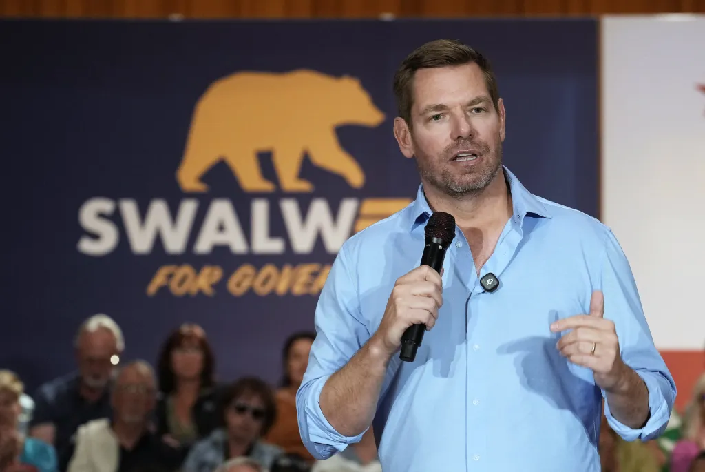 Rep. Eric Swalwell speaks at a town hall meeting in Sacramento, California.